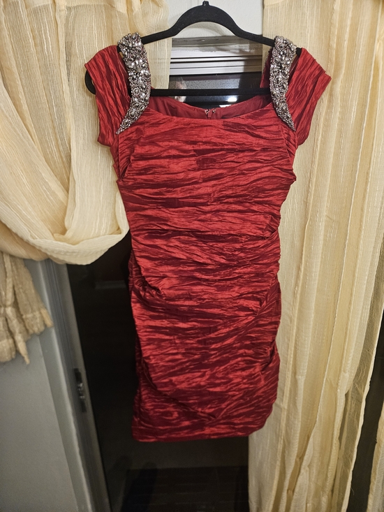 Alex Evenings Dresses & Skirts - Alex Evenings Red Ruched Mini Dress with Jeweled Shoulders